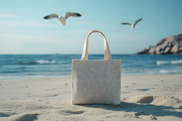 Blank Eco Cotton Tote Bag with Sea Background White Shopper Mock-up Summer Vacation