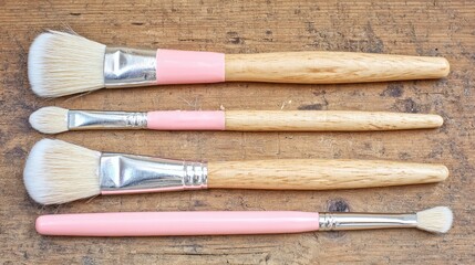 Fototapeta premium 4 makeup brushes with pink bristles on the top of an oak table