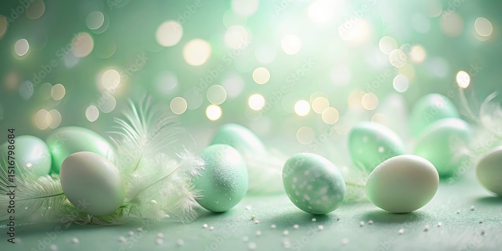 Aufkleber pastel green eggs with soft feathers and sparkling lights a festive springtime scene