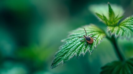 Close-up of a tick on a green leaf with soft blurred forest background, 