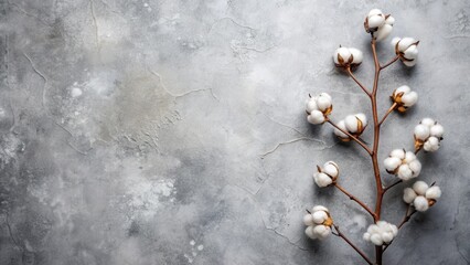 A delicate branch of fluffy cotton blossoms rests on a textured gray surface, creating a serene and minimalist scene.