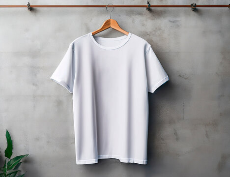 Mockup camiseta, moletom, pendurados em um cabide, tendo ao fundo uma parede clara em tons de cinza. Arte lustra&ccedil;&atilde;o para apresenta&ccedil;&atilde;o de marca, logomarca, estampa. Arte para moodboard