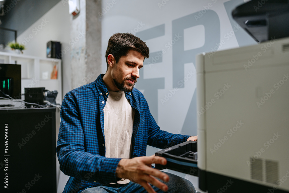 Poster man working on a printer in a modern office environment during a busy workday