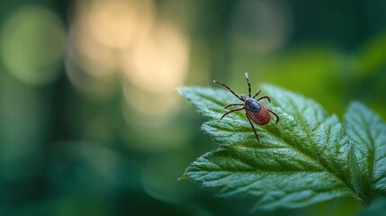 Close-up of a tick on a green leaf with soft blurred forest background, 