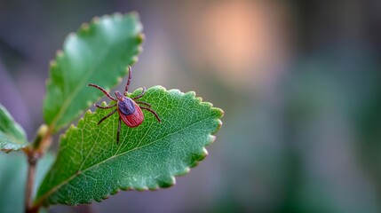 Close-up of a tick on a green leaf with soft blurred forest background, 