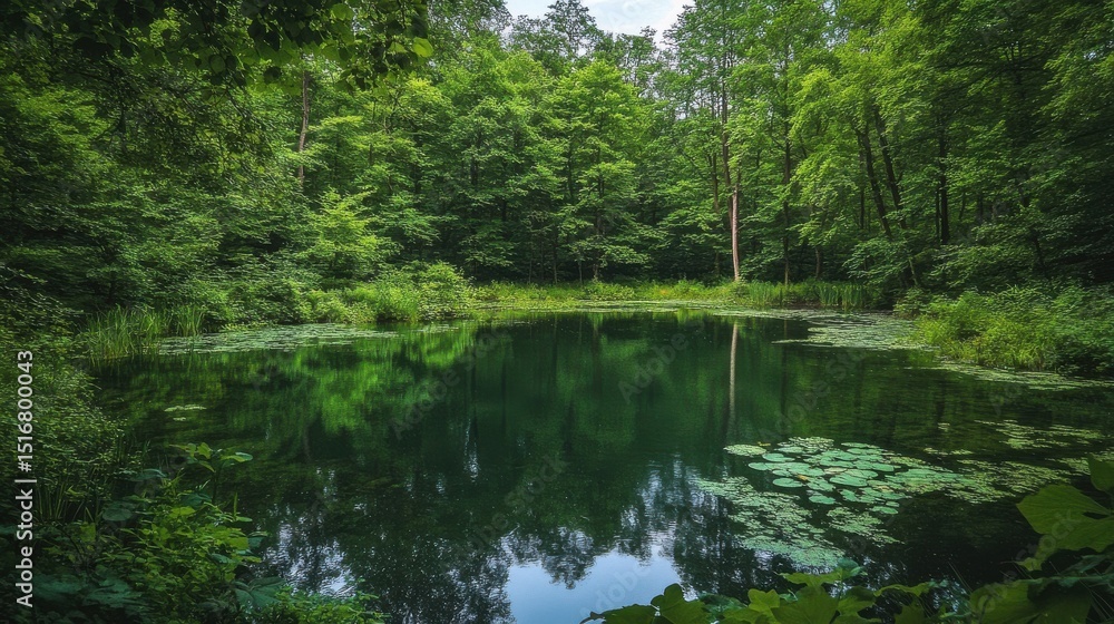 Poster serene pond in a lush forest setting. possible use nature scene background
