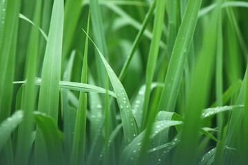  Close-up shot of water droplets on grass with blurred background.


