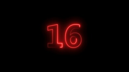 Number 16 neon bright red color 4k illustration.