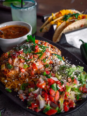 Fresh Pico de Gallo and Chicken Fajita Plate with Tacos and Margarita