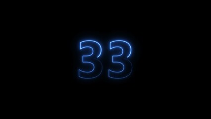 Number 33 neon bright royal blue color 4k illustration.