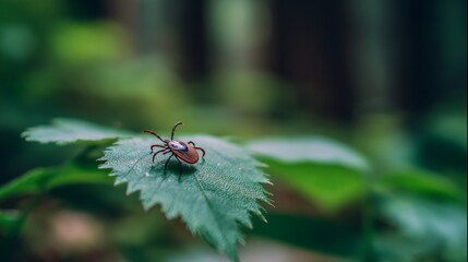 Close-up of a tick on a green leaf with soft blurred forest background, 