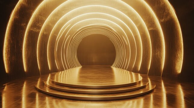 Empty stage podium background, luxury gold background with shiny glow lights