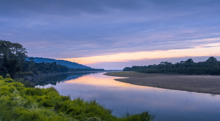 Stunning sunset view of the riven Brahmaputra in Kaziranga national park, Assam, India