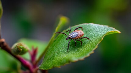 Close-up of a tick on a green leaf with soft blurred forest background, 