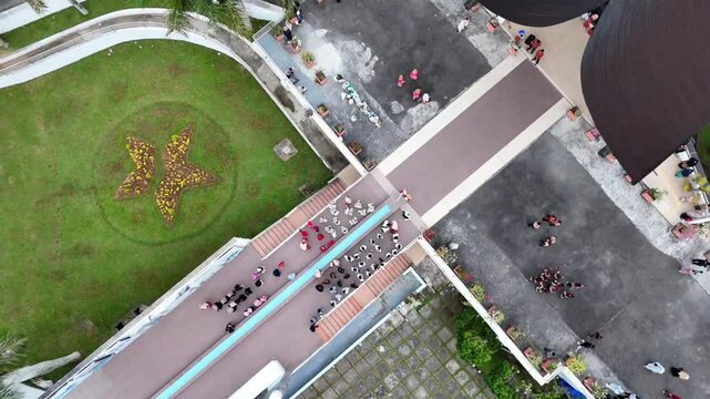 Aerial view of Bung Hatta Library is a public library in Bukittinggi, honoring Mohammad Hatta. It blends Minangkabau design and supports reading and cultural events.