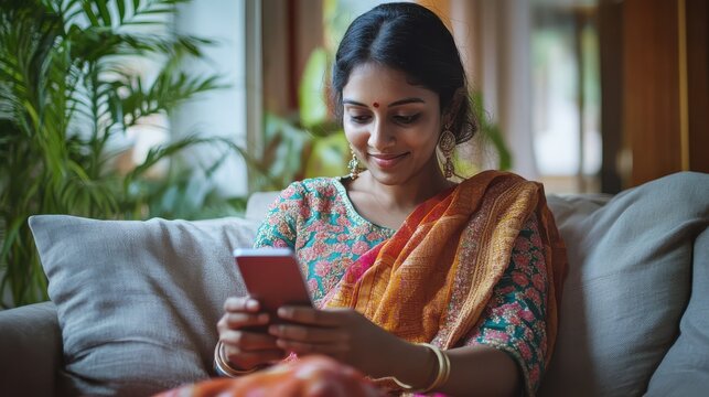 Young indian woman holding smart phone using mobile e-bank application calculating accounting bills or paying invoice online in app making financial payments on cellphone sitting on couch at home. il