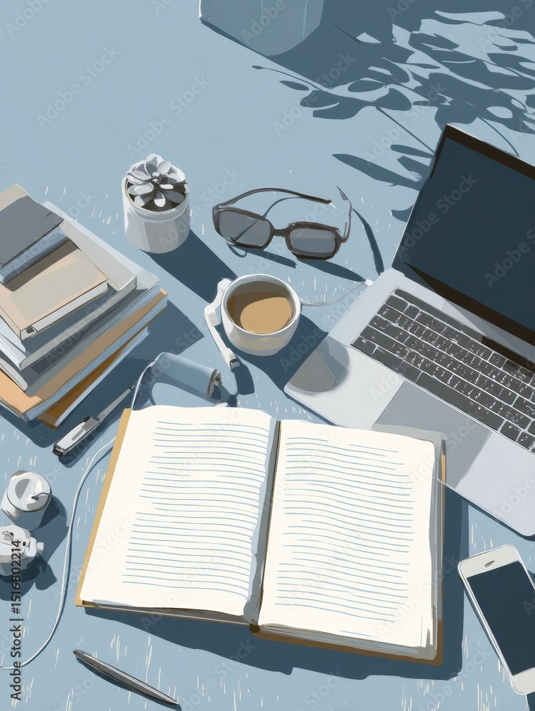 Poster minimalist tech desk setup featuring an open notebook and clean workspace for focused productivity