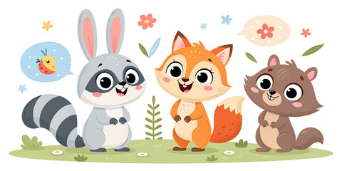 Naklejka premium Three cute cartoon animals, a raccoon, a fox, and a squirrel, standing together