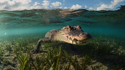 Cuban crocodile swimming underwater in the gardens of the queen archipelago
