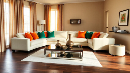 Interior of a living room with a sofa and a coffee table