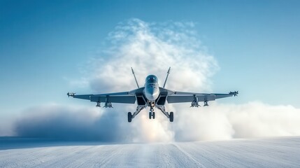 A stunning image of a fighter jet taking off against a backdrop of blue skies and white clouds, showcasing the power and speed of modern aviation technology.