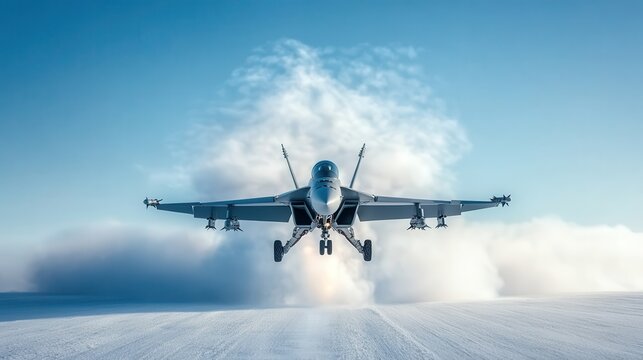A stunning image of a fighter jet taking off against a backdrop of blue skies and white clouds, showcasing the power and speed of modern aviation technology.