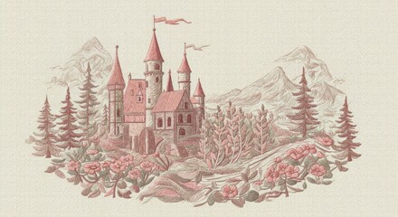 Fototapeta premium Medieval Castle and Forest in Digital Embroidery Style