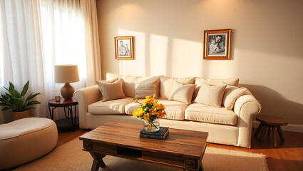 Interior of a living room with a sofa and a coffee table