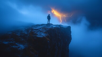 Obraz premium Lone figure on peak watches golden lightning strike amidst a misty, blue landscape