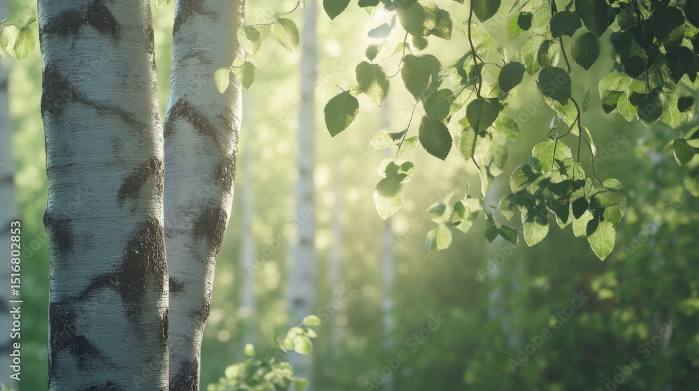 Poster birch tree trunks with distinctive bark illuminated by sunlight against a soft green foliage backgro