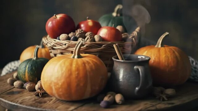 Autumn still life with pumpkins, apples, nuts, and steaming mug.