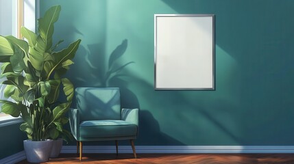 Green armchair against blue wall with silver painting in living room interior with plants illustration , no logos, no brands