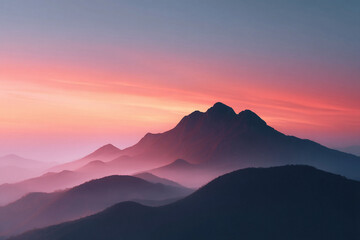 Serene mountain range silhouettes bask in the warm glow of a pastel sunrise. Misty layers create depth. Ideal for travel, nature, or inspirational themes.