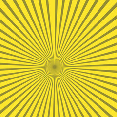 Yellow sun ray background. Amber yellow swirl radial beam sunrise or sunset light retro design illustration. Light sunburst glowing background.