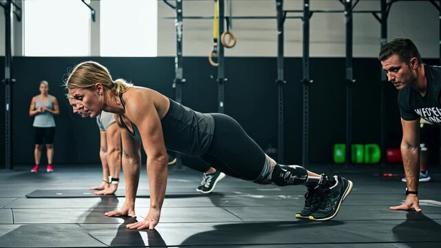 Strength training progression in gym with group doing pushup exercises