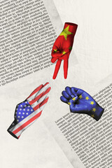 3D collage trend artwork composite sketch of three hands rock scissors paper game usa china eu flag...