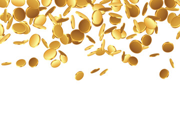 Pile of falling gold coins isolated on white background