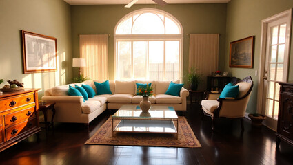 Interior of a living room with a sofa and a coffee table