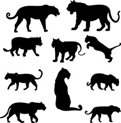 set of 10 Tiger animals silhouettes