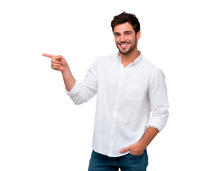Positive confident smiling man pointing finger showing idea on transparent background, PNG