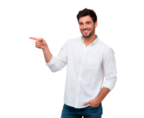 Positive confident smiling man pointing finger showing idea on transparent background, PNG