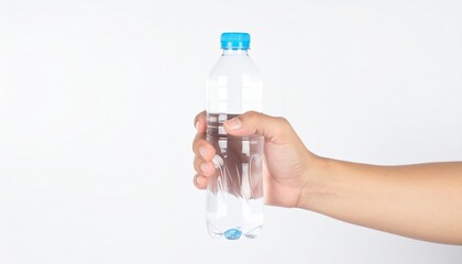 Hand Holding Mineral Water Bottle Isolated on White Background