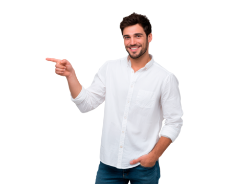 Positive confident smiling man pointing finger showing idea on transparent background, PNG