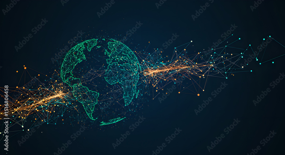 Poster digital earth networking concept with interconnected points and lines on dark background. global com
