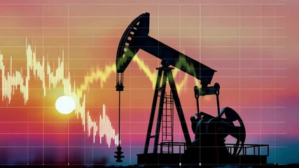 Oil pumpjack motion against vibrant sunset with financial graph overlay - Powered by Adobe