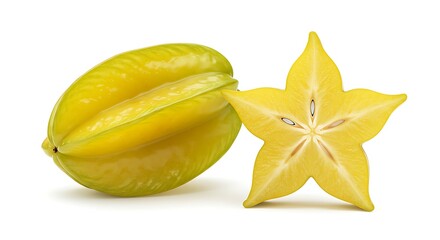 Fototapeta premium Star Fruit Whole and Cut Isolated on White Background Tropical Fruit Still Life Culinary Ingredient Summer Harvest Sweet and Sour Taste Healthy Diet Freshness