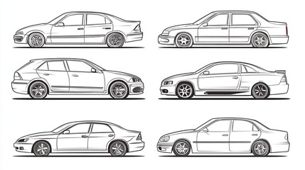 Cars front and side view line signs, auto symbols. Vehicle outline vector icons isolated on white background. Auto vehicle car, illustration of automobile transport illustration , no logos, no brands