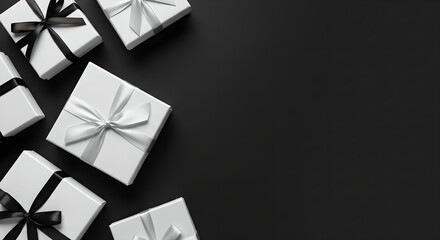 White gift box with black and silver ribbons on black background. Holiday present for birthday, Christmas, Black Friday, anniversary celebration.