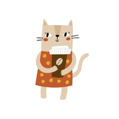 vector illustration of a cute cat in a red dress holding a takeaway coffee