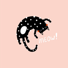 vector illustration of a funny black cat on a pink background